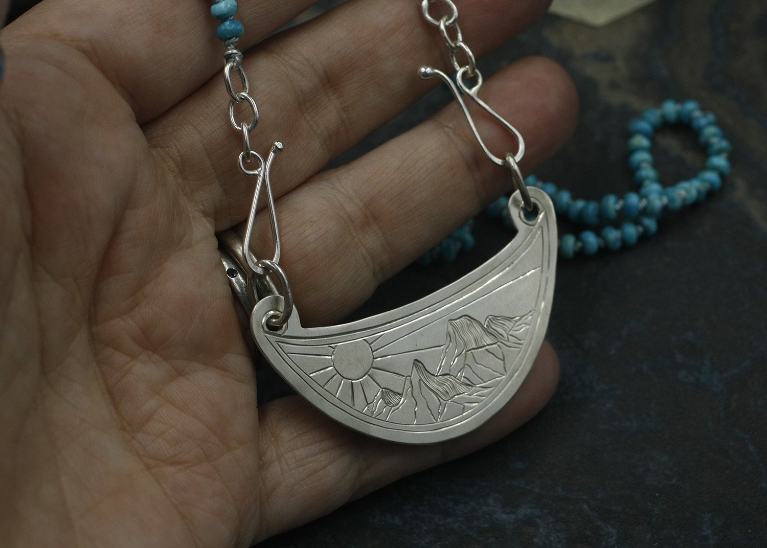 Gravée Mountain Sunrise Crescent Centerpiece on Turquoise 3.jpg
