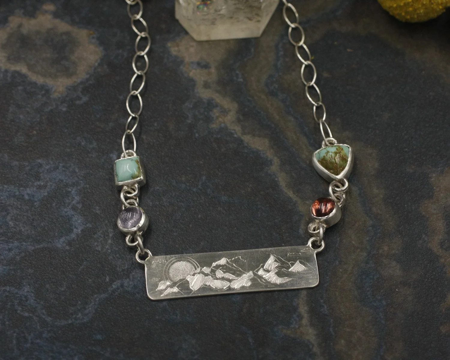 Mountains and Sun Cloud Bar with Mixed Gemstones Necklace 7.jpg