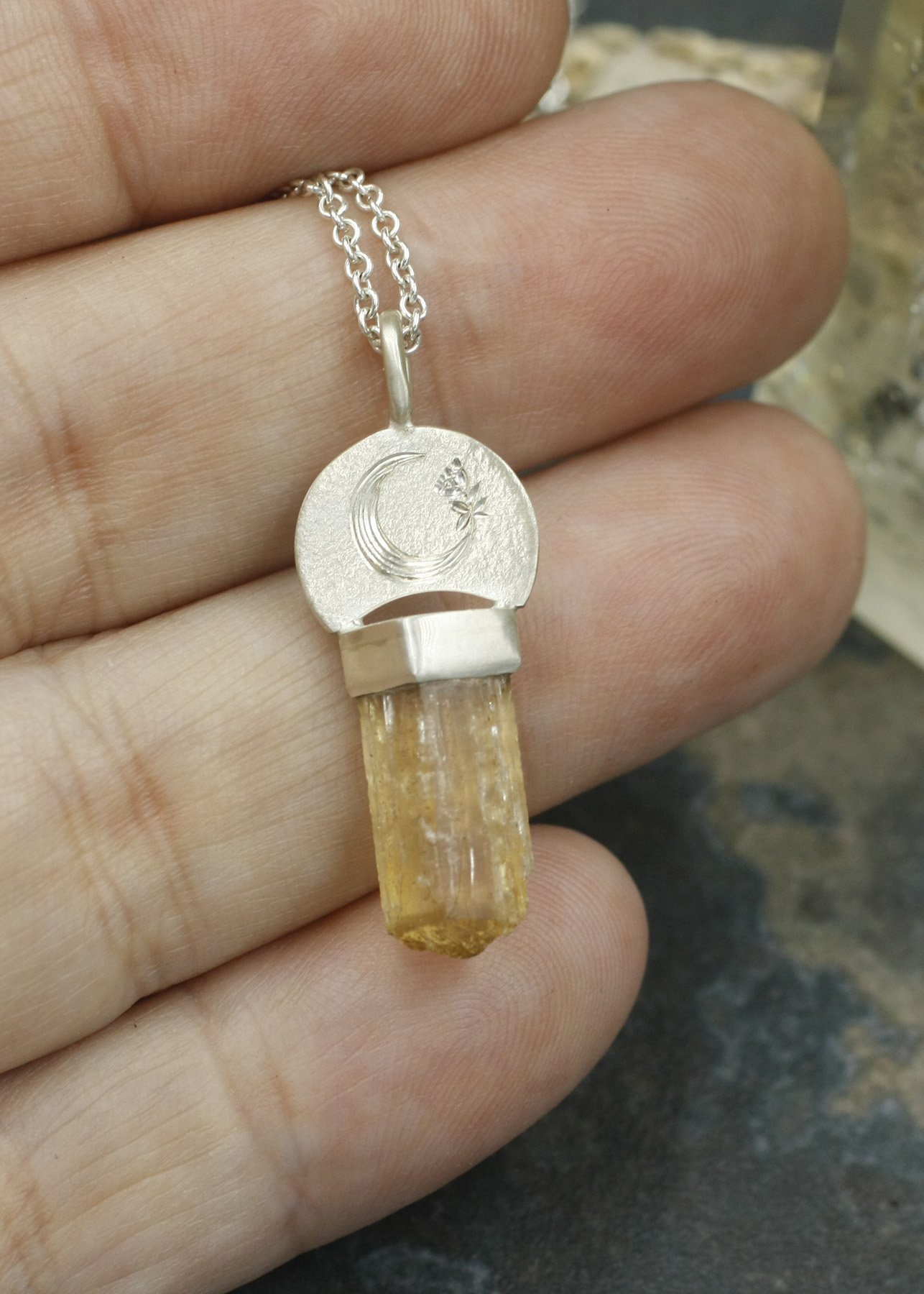 Gravée Crescent Moon Bloom with Imperial Topaz Crystal Specimen Pendant.jpg