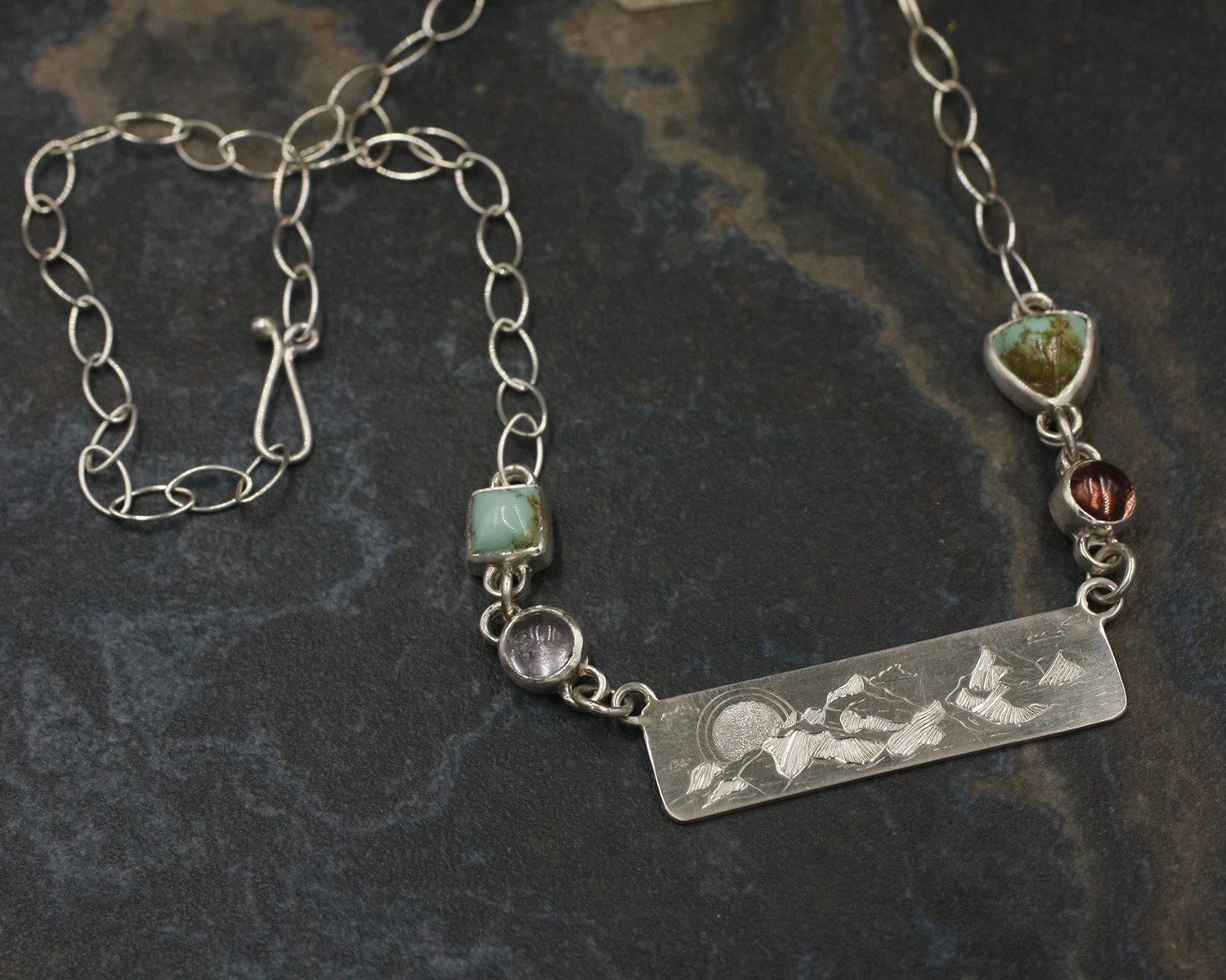 Mountains and Sun Cloud Bar with Mixed Gemstones Necklace 3.jpg