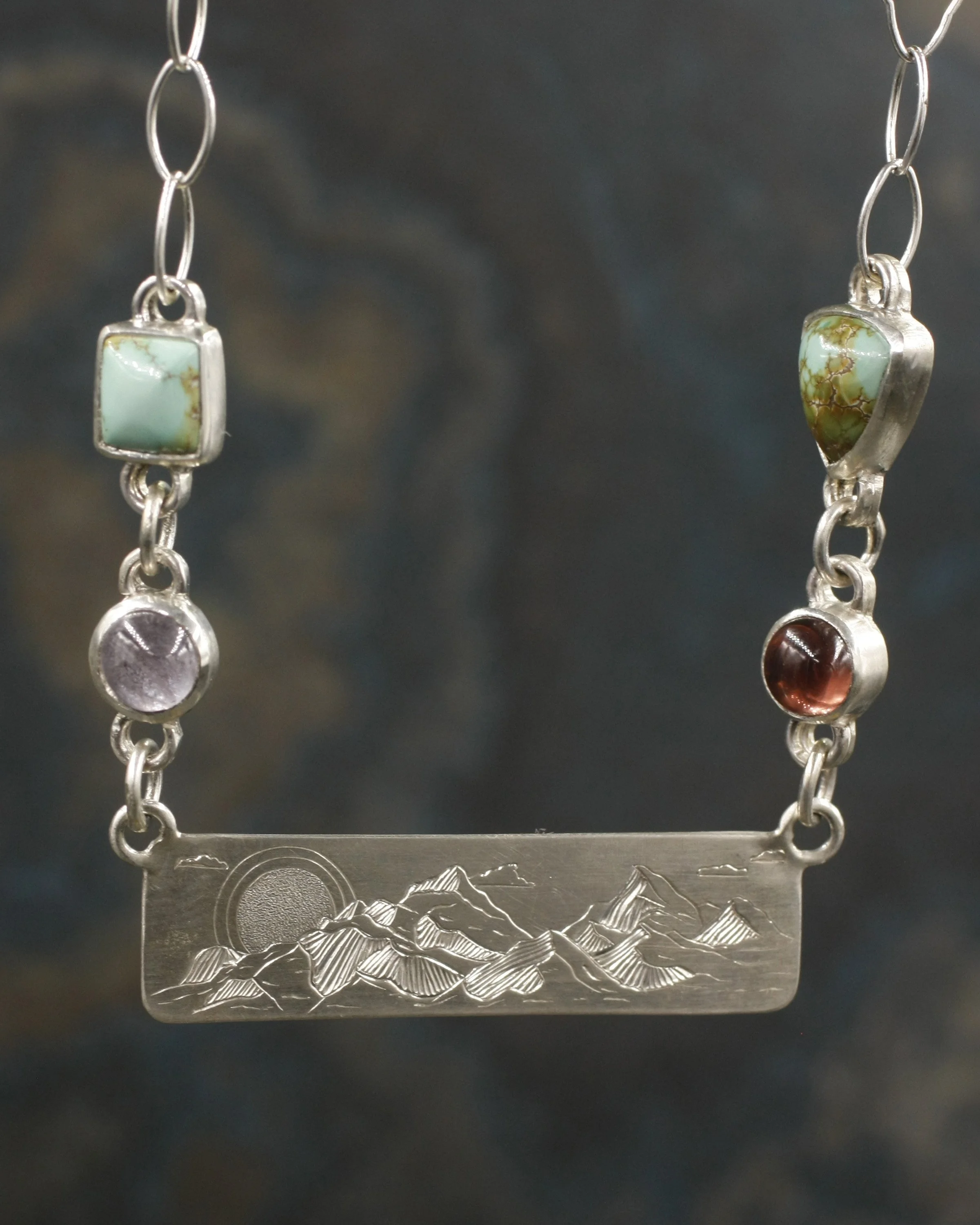 Mountains and Sun Cloud Bar with Mixed Gemstones Necklace 5.jpg