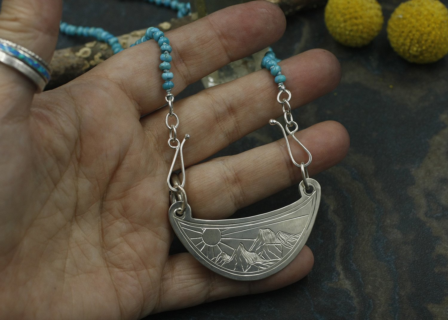 Gravée Mountain Sunrise Crescent Centerpiece on Turquoise.jpg