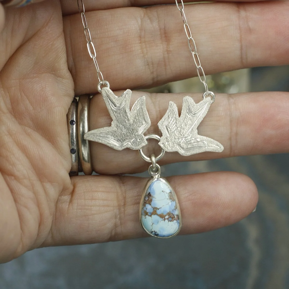 Gravée Tattoo Style Swallows with Lavender Turquoise Drop Necklace 1.jpg