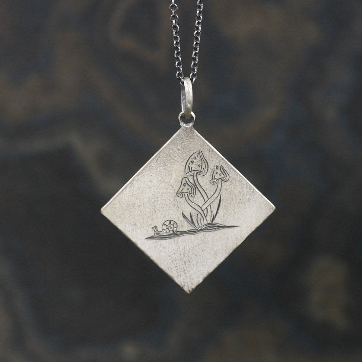 Gravée Linen Texture Square Mushroom Trio and Snail Pendant.jpg