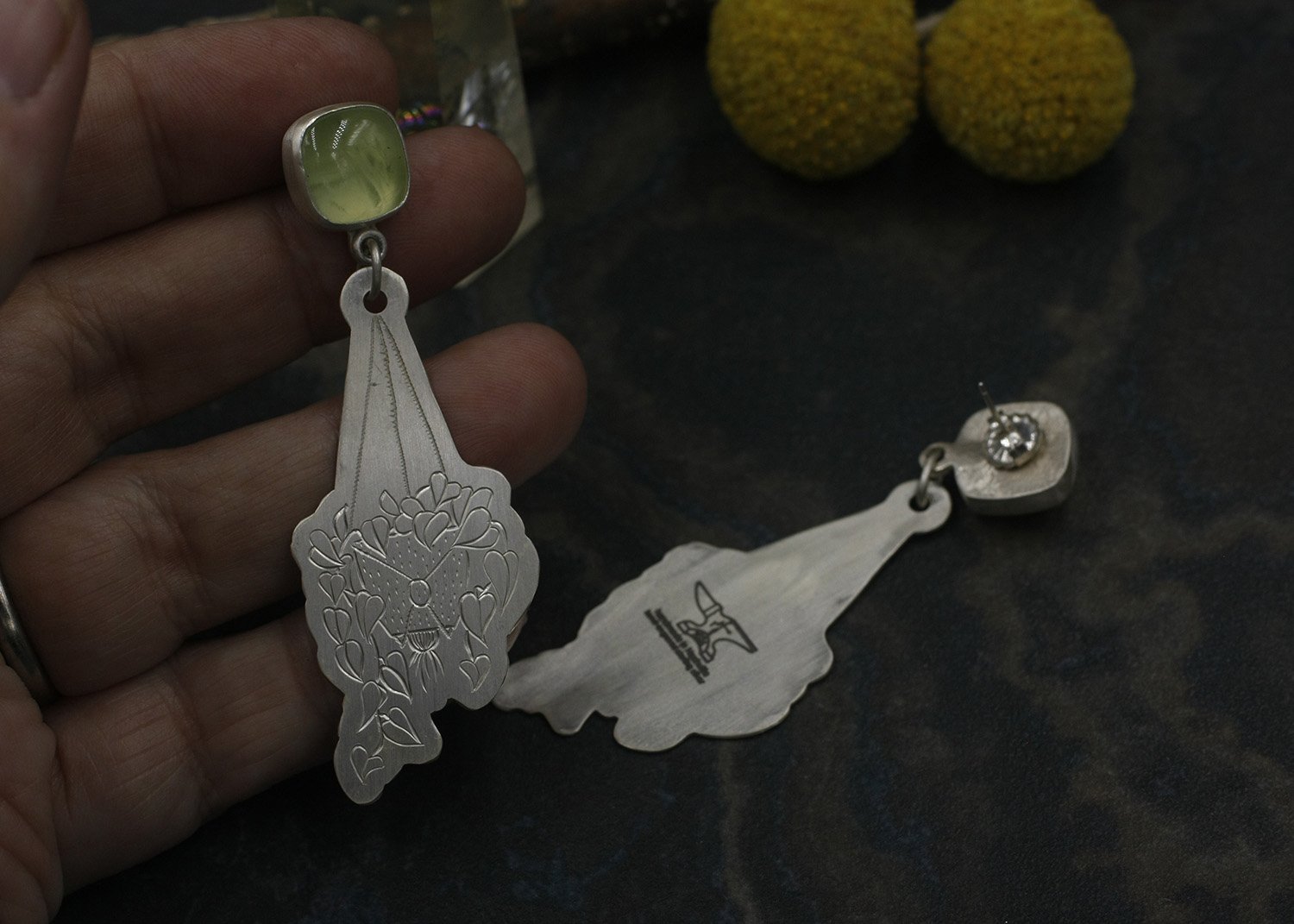 Gravée Hanging Plant Philadendron with Prehnite earrings 5.jpg