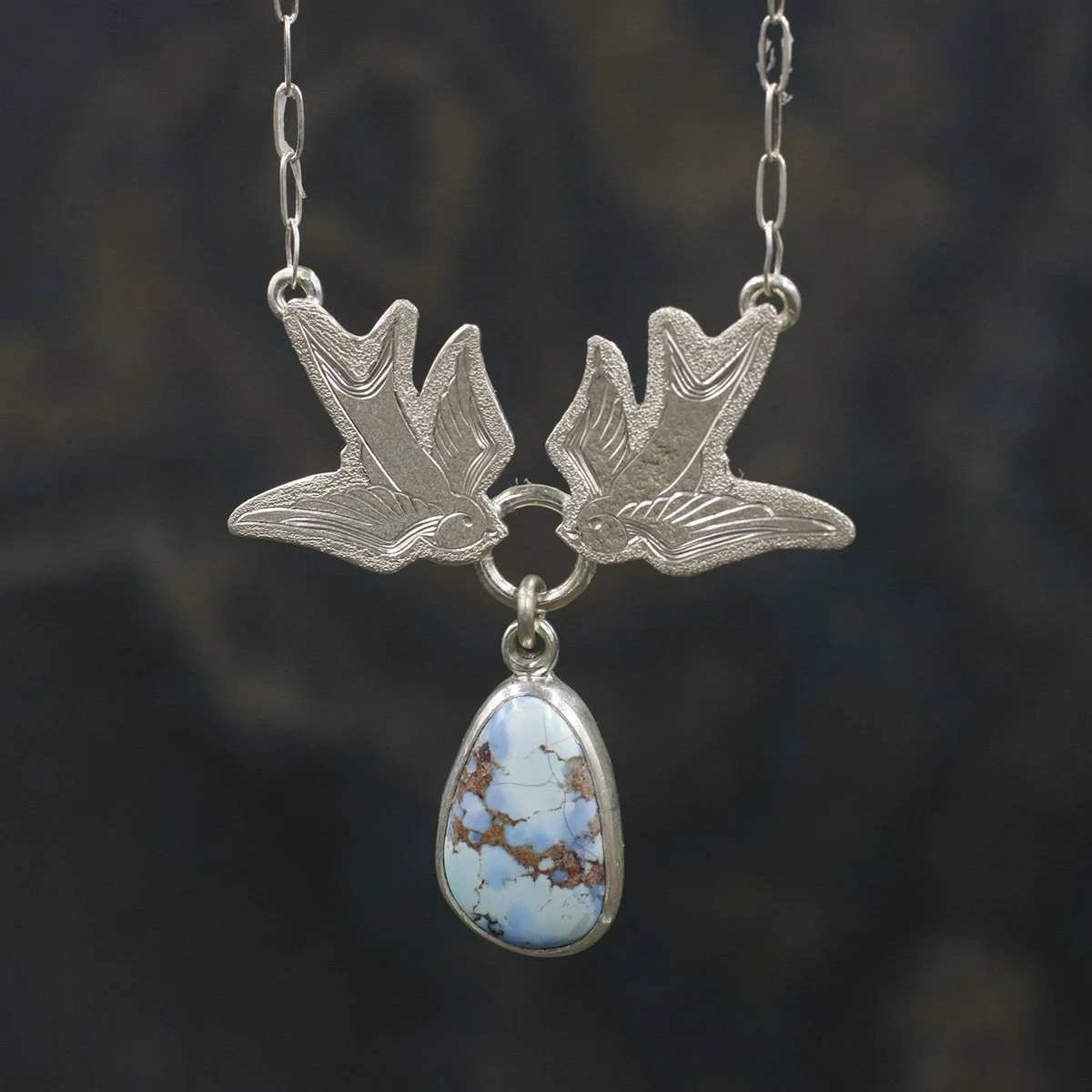 Gravée Tattoo Style Swallows with Lavender Turquoise Drop Necklace.jpg