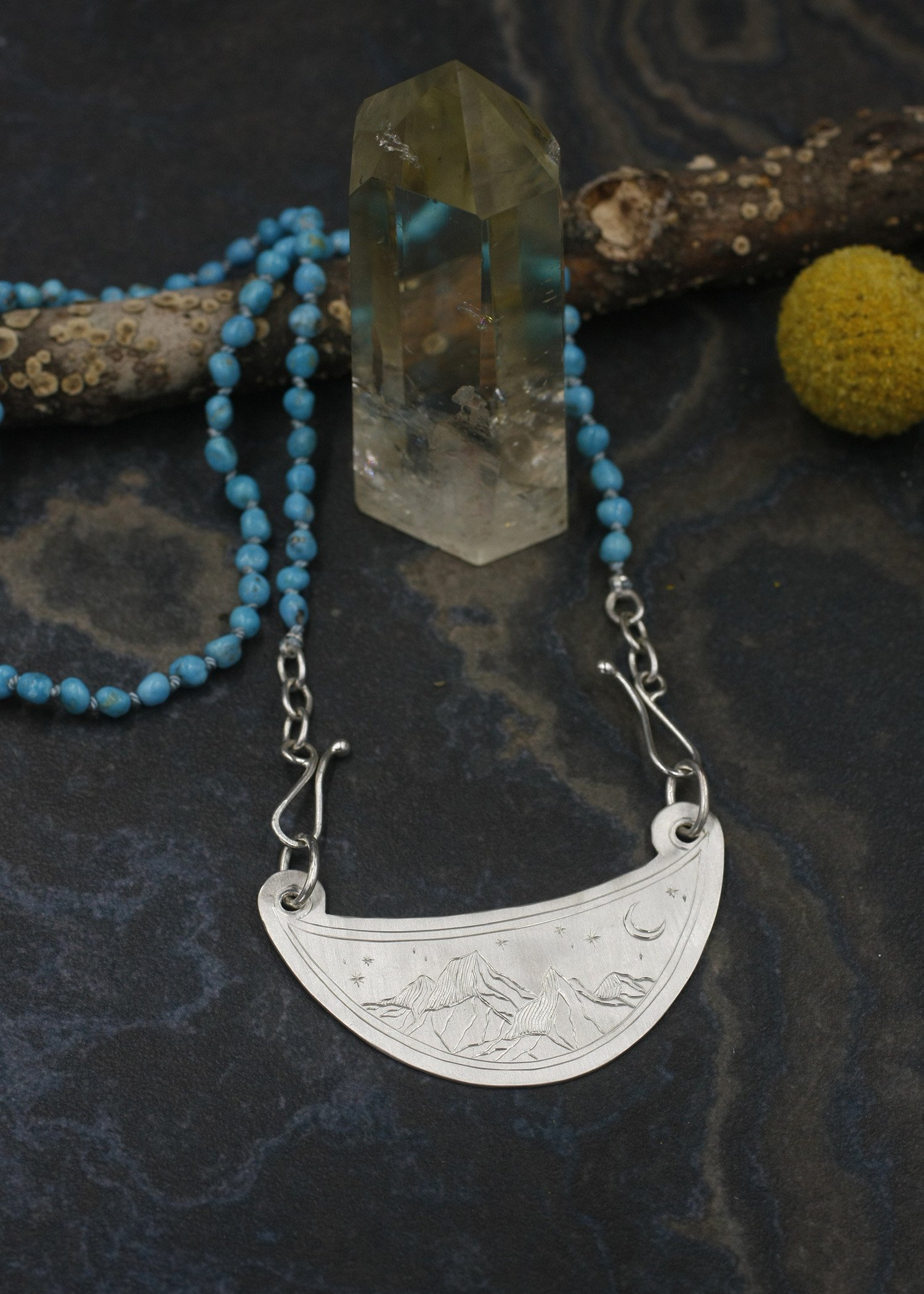 Gravée Mountain Night Moon Crescent Centerpiece on Turquoise 1.jpg