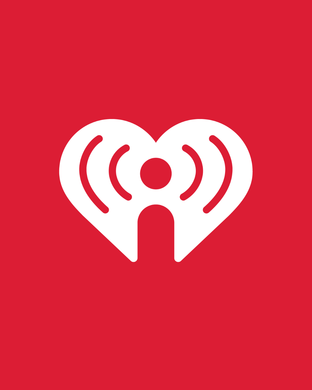 White stylized heart logo with radio waves on a red background.