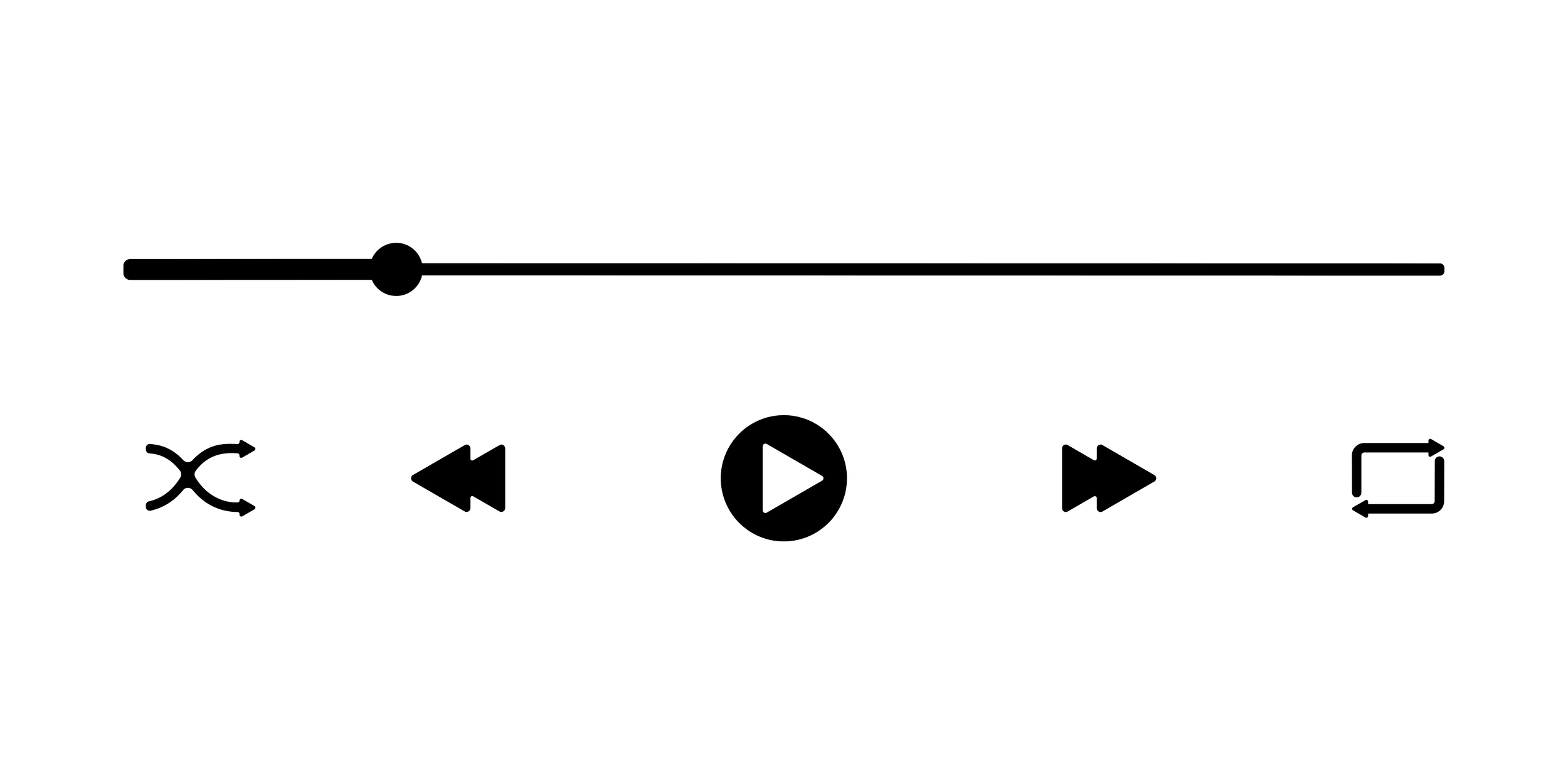 Audio player interface with a volume slider, shuffle, previous, play, next, and repeat buttons.