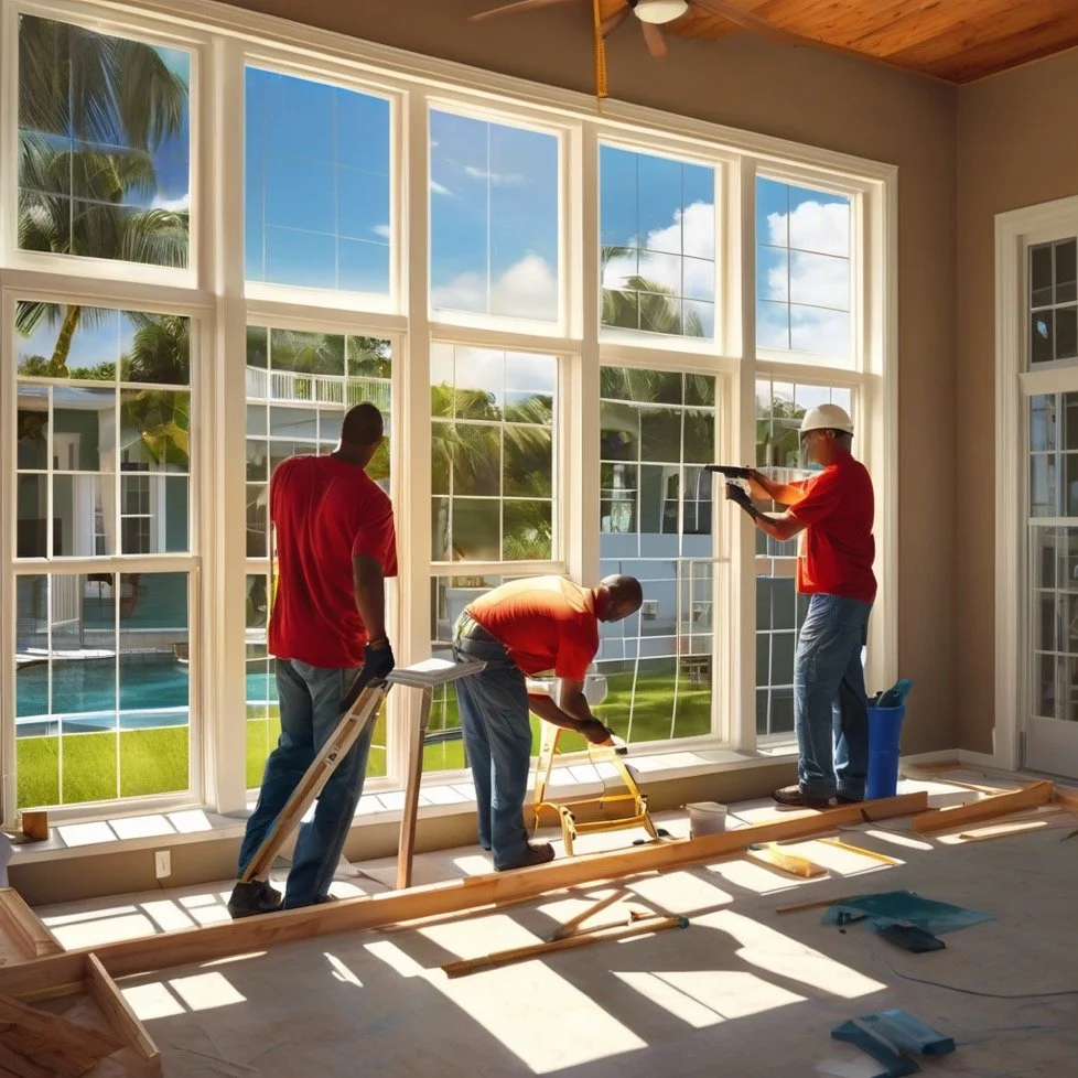Skilled Safehome Window and Door workers installing hurricane-impact windows in Florida