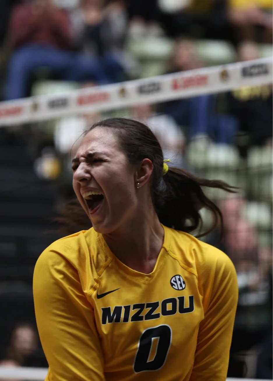 Mizzou’s Setter Nina Mandovic (0)
celebrates scoring a point on
Sunday, Oct. 19, 2025, at Hearnes
Center in Columbia.