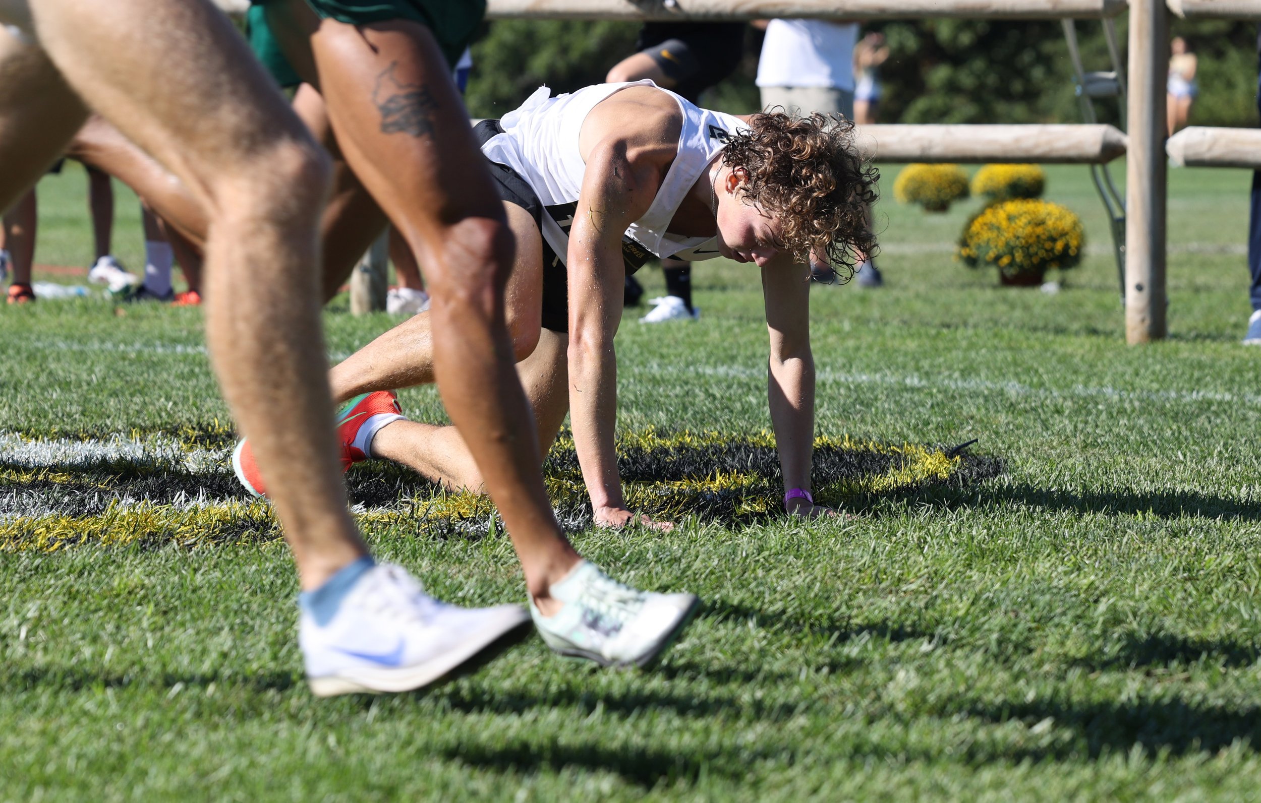 Colorado State’s Grady Rauba falls
before the finish line on Friday, Sept. 25,
2025 at Gans Creek Cross Country
Course in Columbia. 237 men competed
and finished the Men’s 8k Gold.
