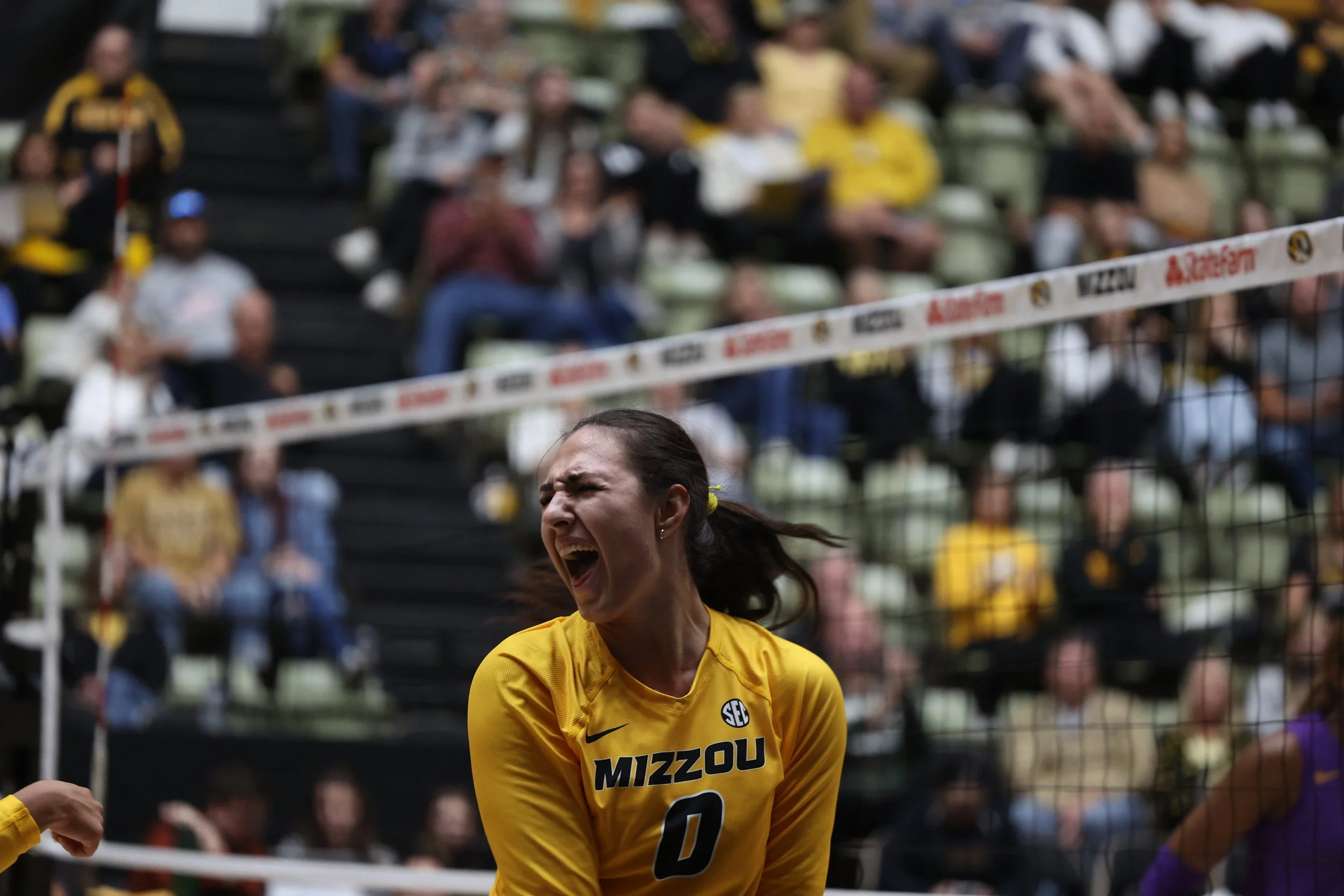 Mizzou’s Setter Nina Mandovic (0)
celebrates scoring a point on
Sunday, Oct. 19, 2025, at Hearnes
Center in Columbia.