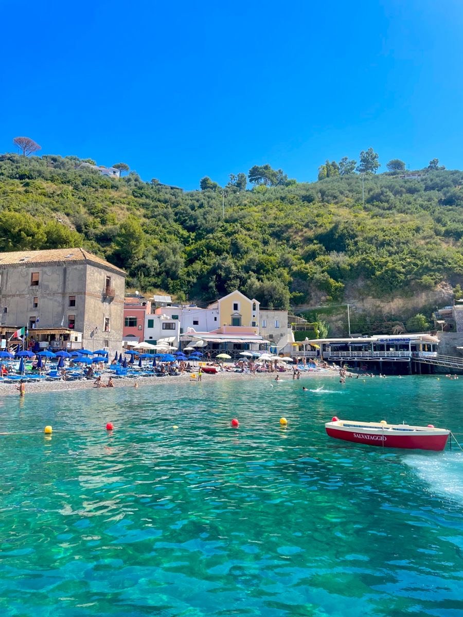Beach scene with turquoise water, many umbrellas, sunbathers, and boats, against a backdrop of coastal houses and a hill covered in green trees under a clear blue sky.