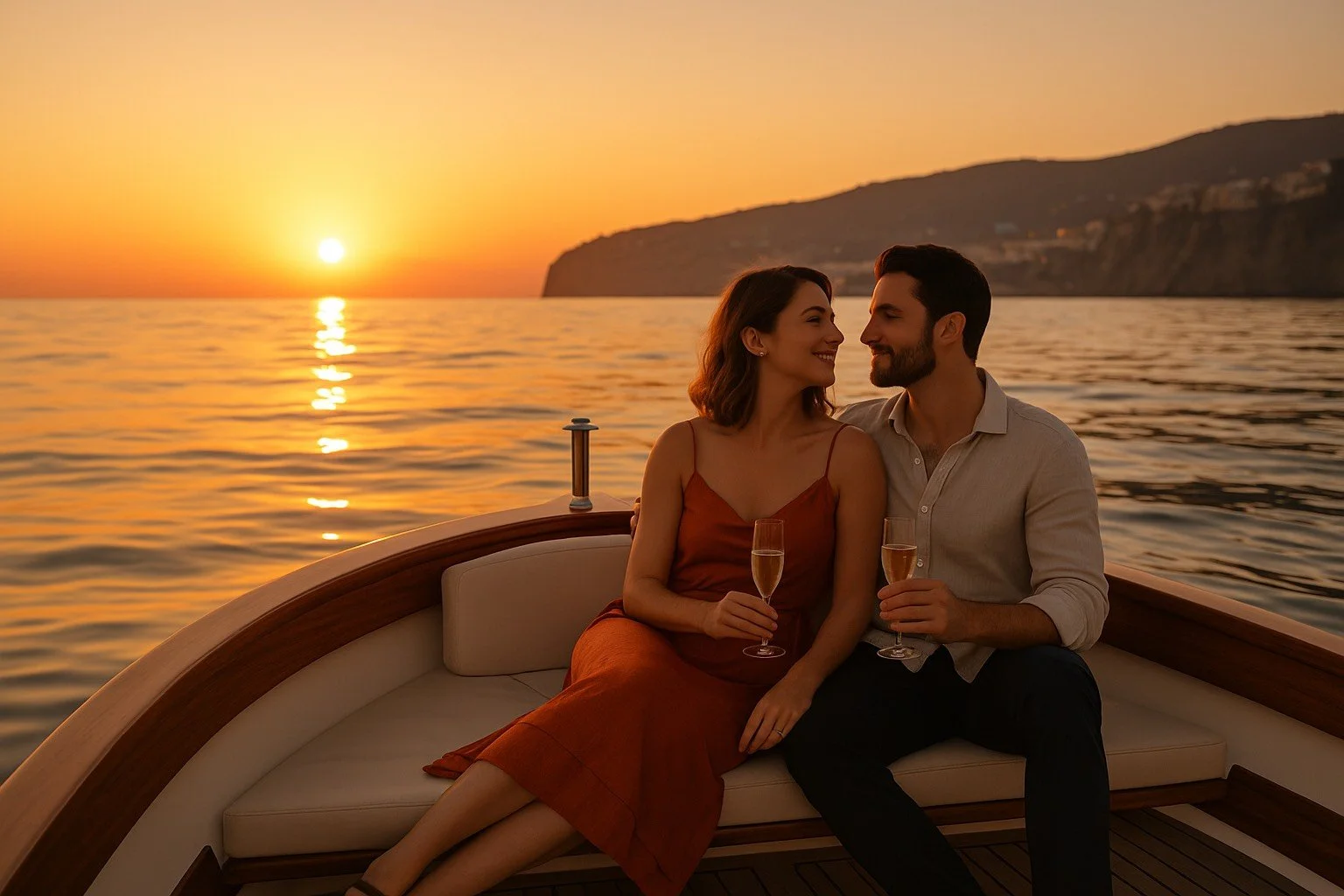 Una coppia innamorata che brinda con champagne su una barca al tramonto, con il mare e le colline sullo sfondo.