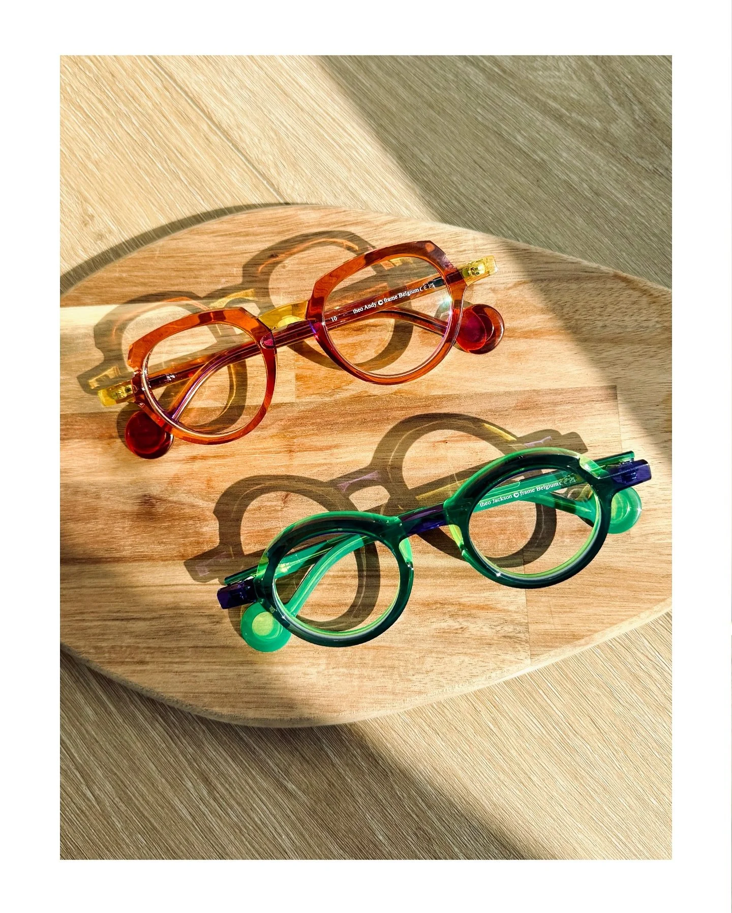 The Painter Palette frames from @theoeyewear are designed with color theory, sculpting acetate to layer and combine pigments like wet paint. Pictured are frames Andy &amp; Jackson (can you guess what famous painters they are named after?) #FEELSEEN #