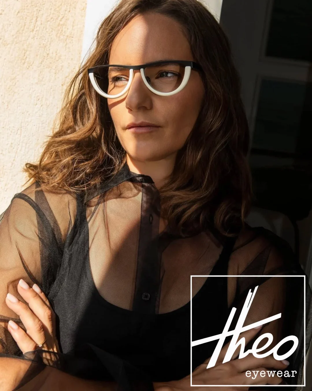 Woman wearing bold theo glasses