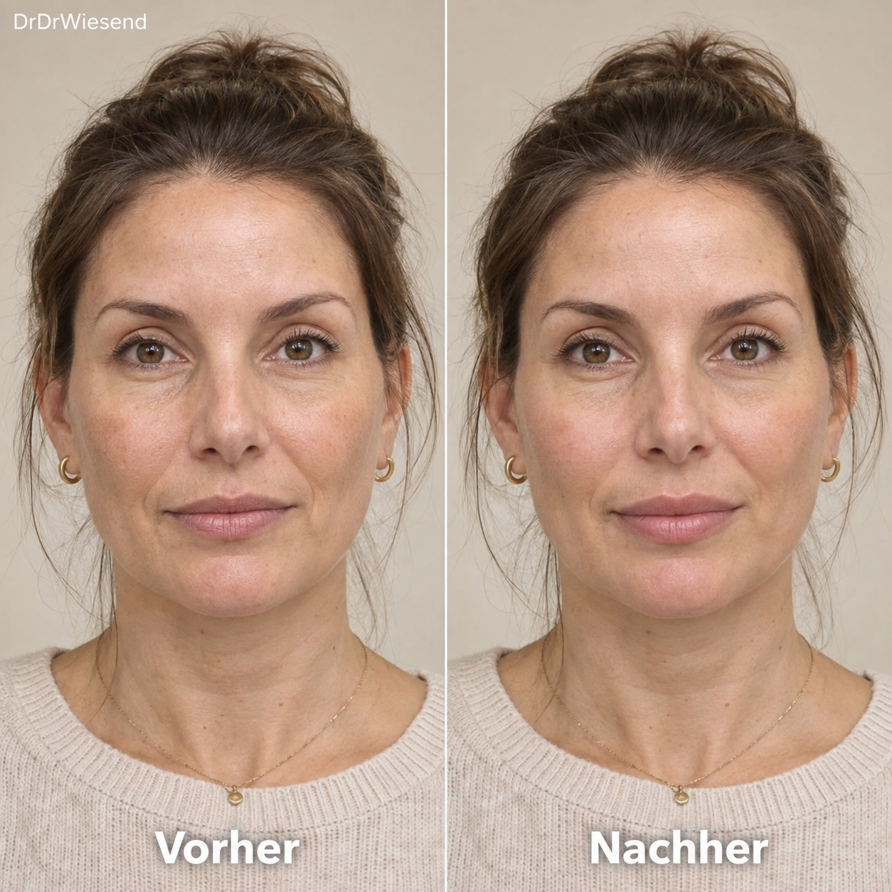 Vorher-Nachher-Darstellung einer dezenten Hyaluronsäure-Behandlung mit harmonisierten Wangen, Lippenkontur und Gesichtskontur.