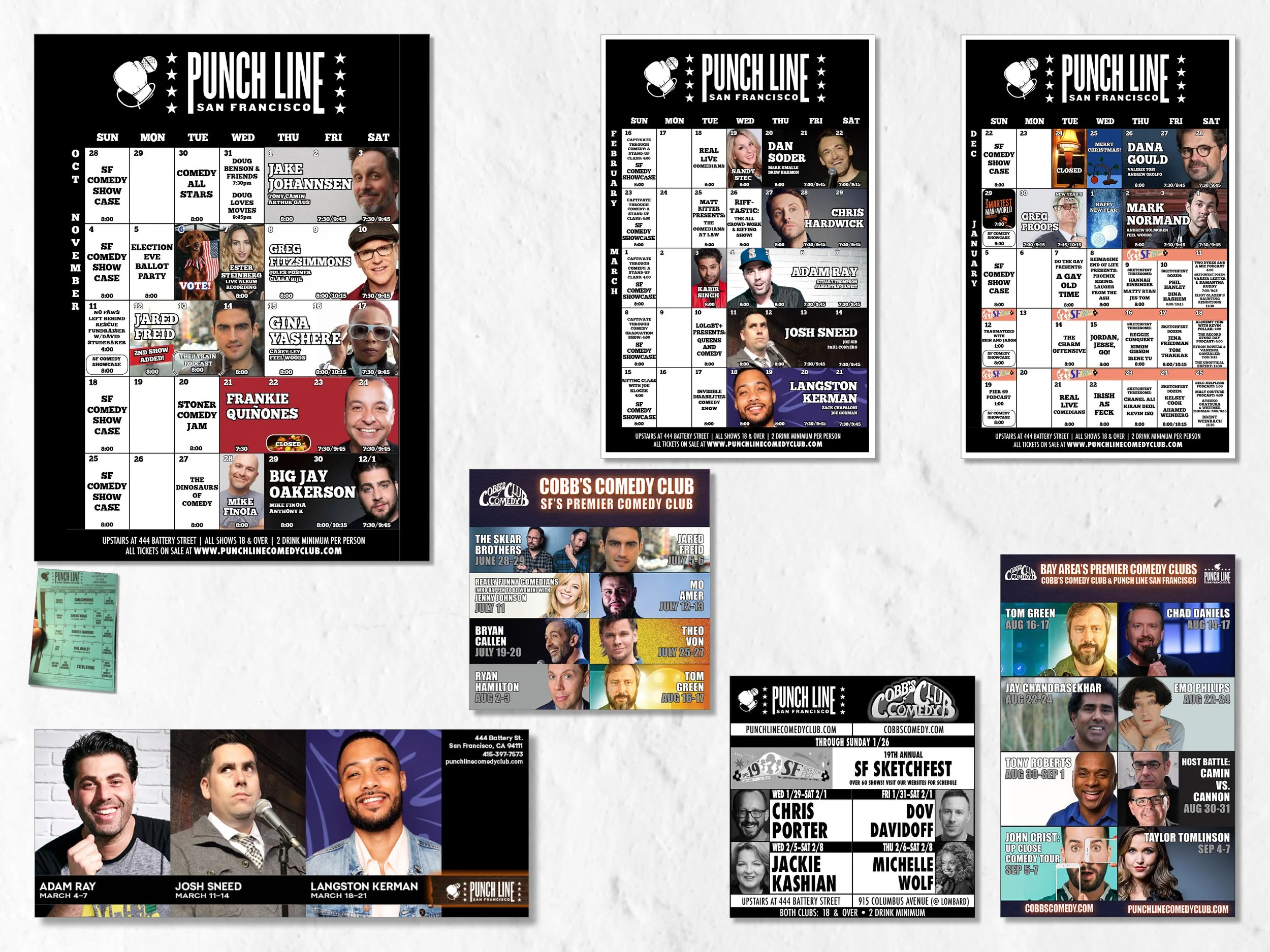 A selection of calendar assets. The top row are printed ones used throughout the clubs in different sizes. (Bonus inset is the calendar format I inherited). It was fun integrating artist photos and also finding ways to accommodate longer festivals. T