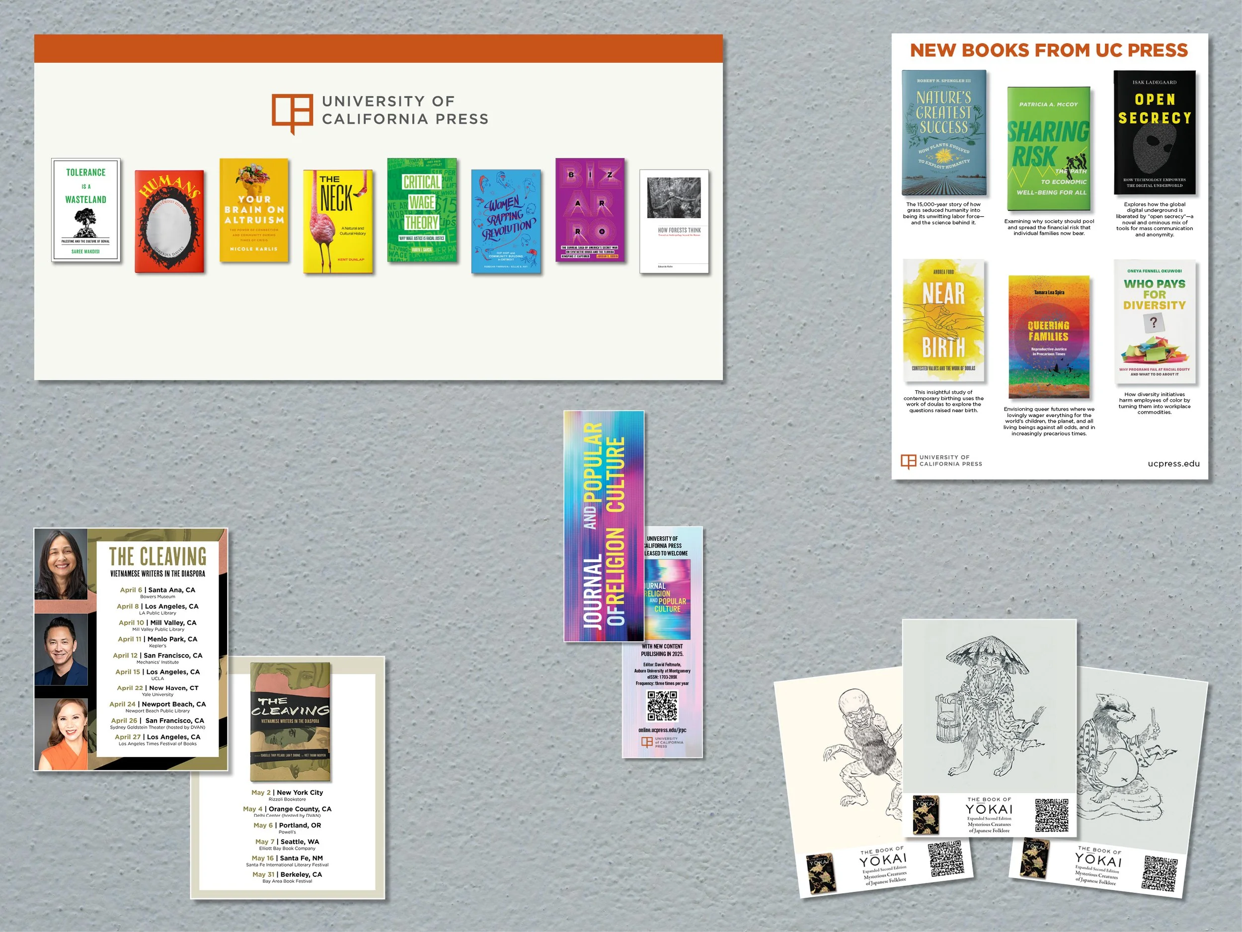 A few other favorites/samples. A large format banner for conferences; a sample print advertisement; some diecut stickers; a bookmark; an author tour graphic for socials/