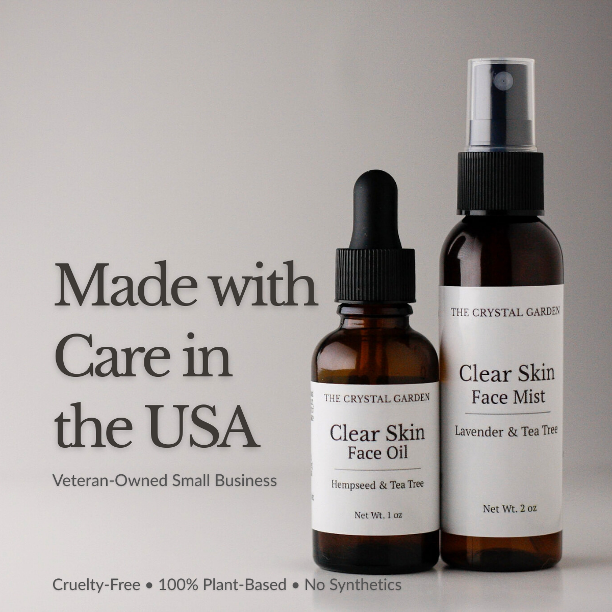Clear Skin Bundle botanical skincare set with Clear Skin Face Oil and Clear Skin Face Mist, supporting text says made with are in the the USA, veterain owned small company