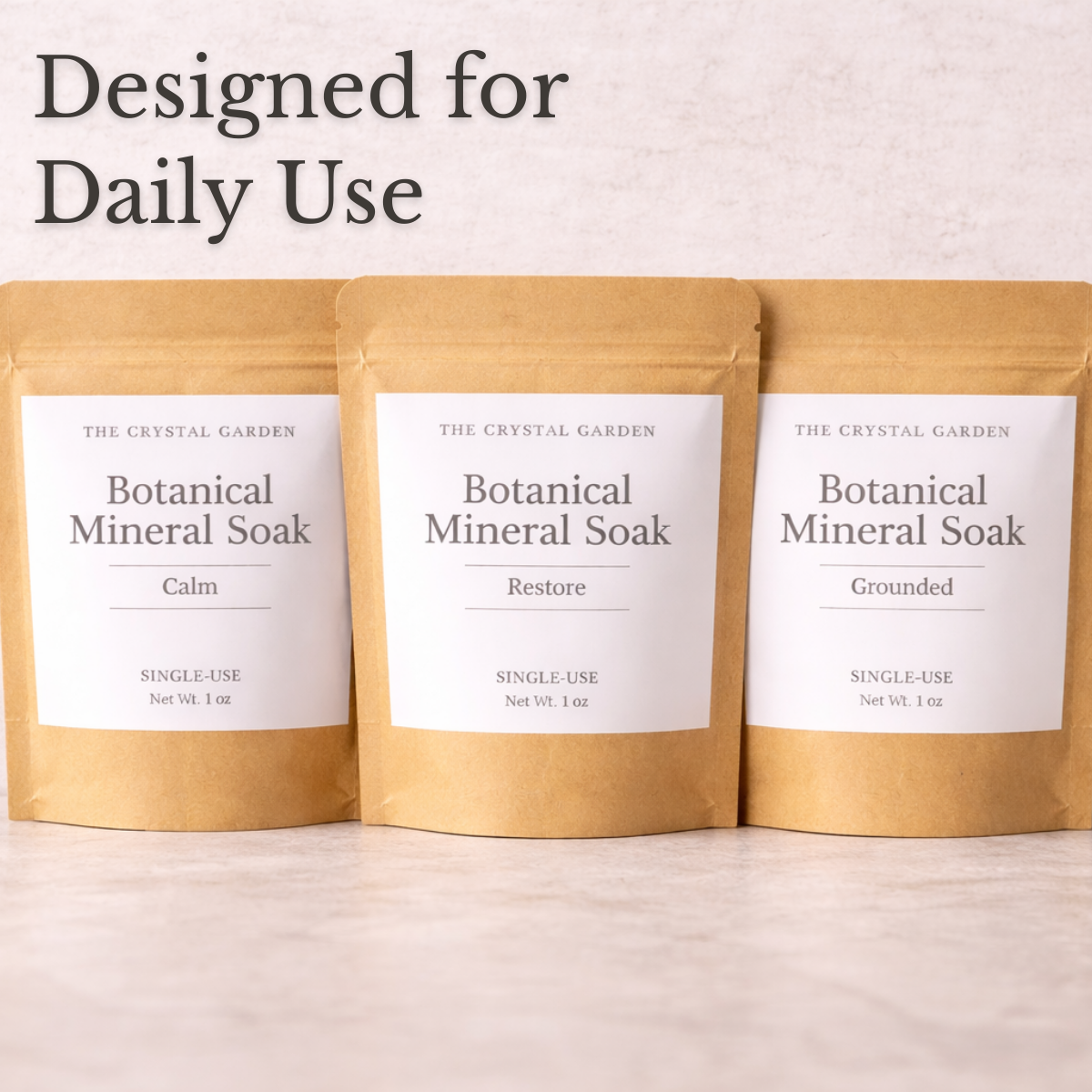 The Crystal Garden Botanical Mineral Soak three blend sampler featuring Calm, Restore, and Grounded single-use pouches.