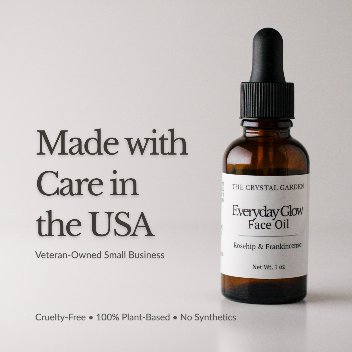 Everyday Glow Face Oil botanical facial oil in amber glass dropper bottle, SUppoting text, made in the USA, a vetrain owned small company