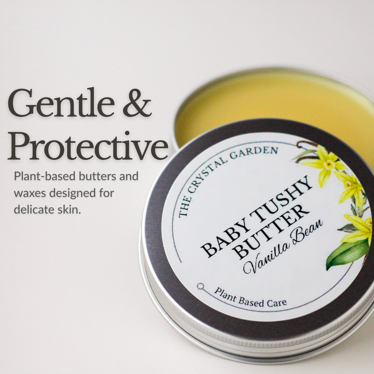 Vanilla Bean Baby Tushy Butter botanical diaper balm in metal tin natural baby skincare