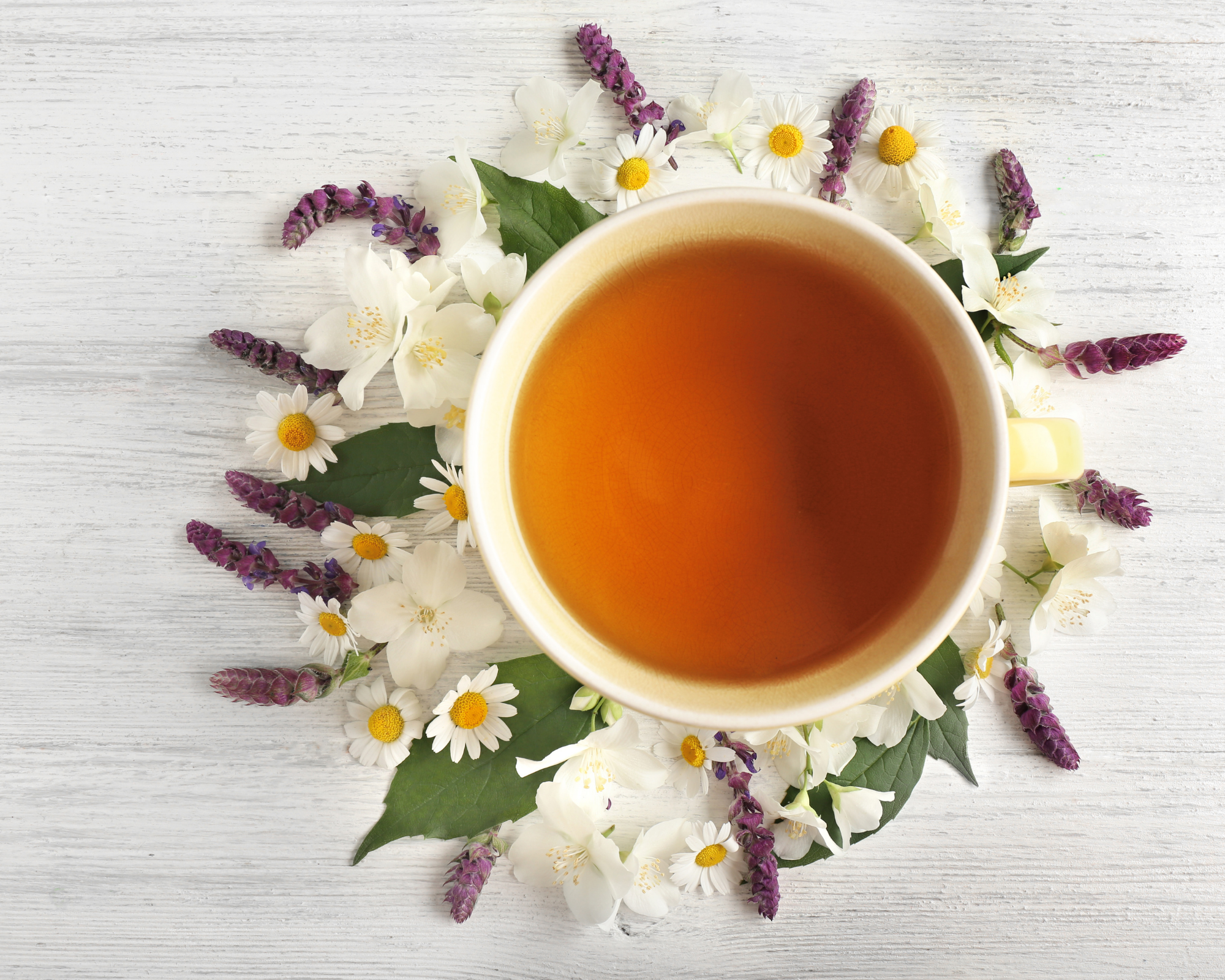 cup of tea surrounded by flowers