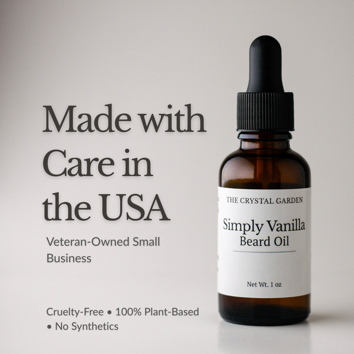 made in USA, a veterain owned small company. Simply Vanilla beard oil in amber glass bottle with soft, warm vanilla scent for beard care