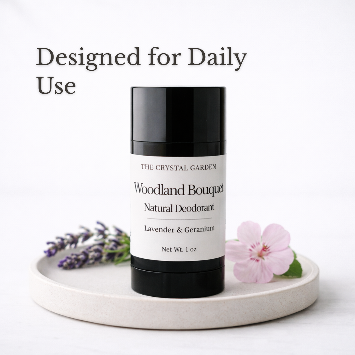 Woodland Bouquet Natural Deodorant plant-based deodorant with lavender and geranium in black twist-up tube