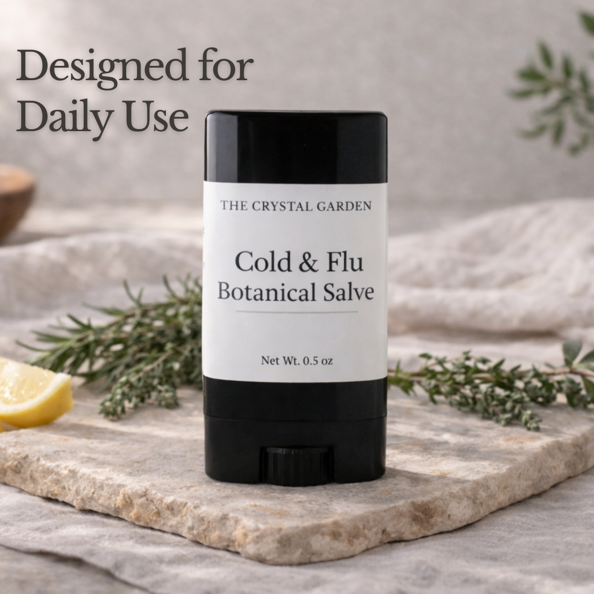 Cold and flu botanical salve in black twist-up tube for plant-based seasonal care