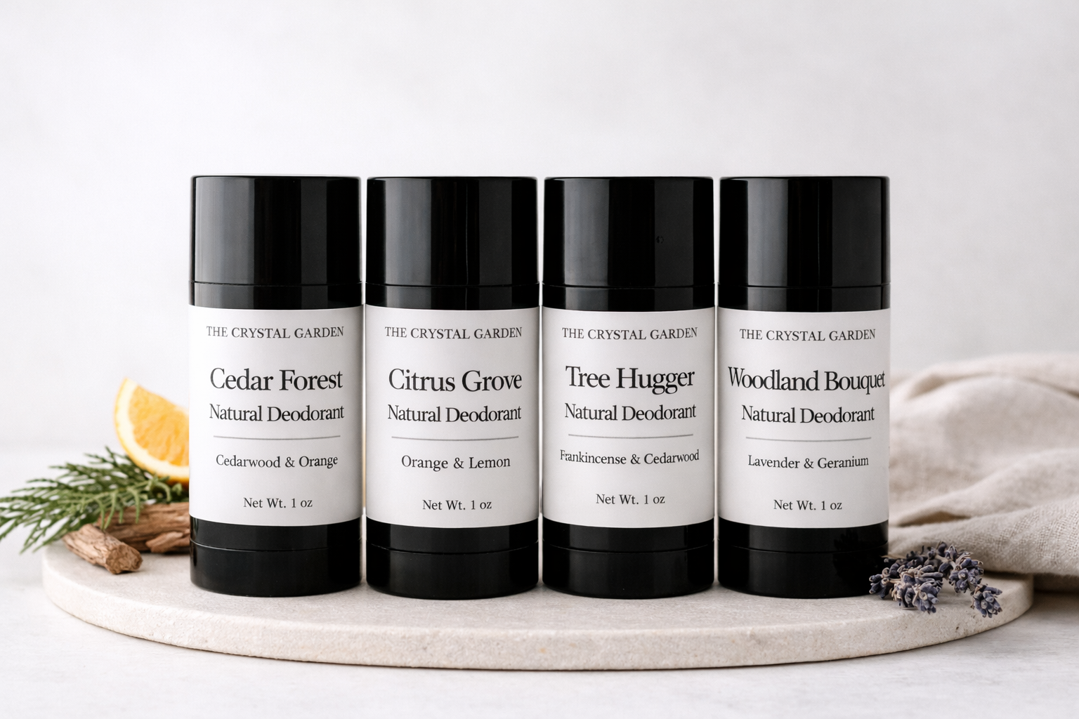 The Crystal Garden natural deodorant collection with multiple plant-based deodorant scents