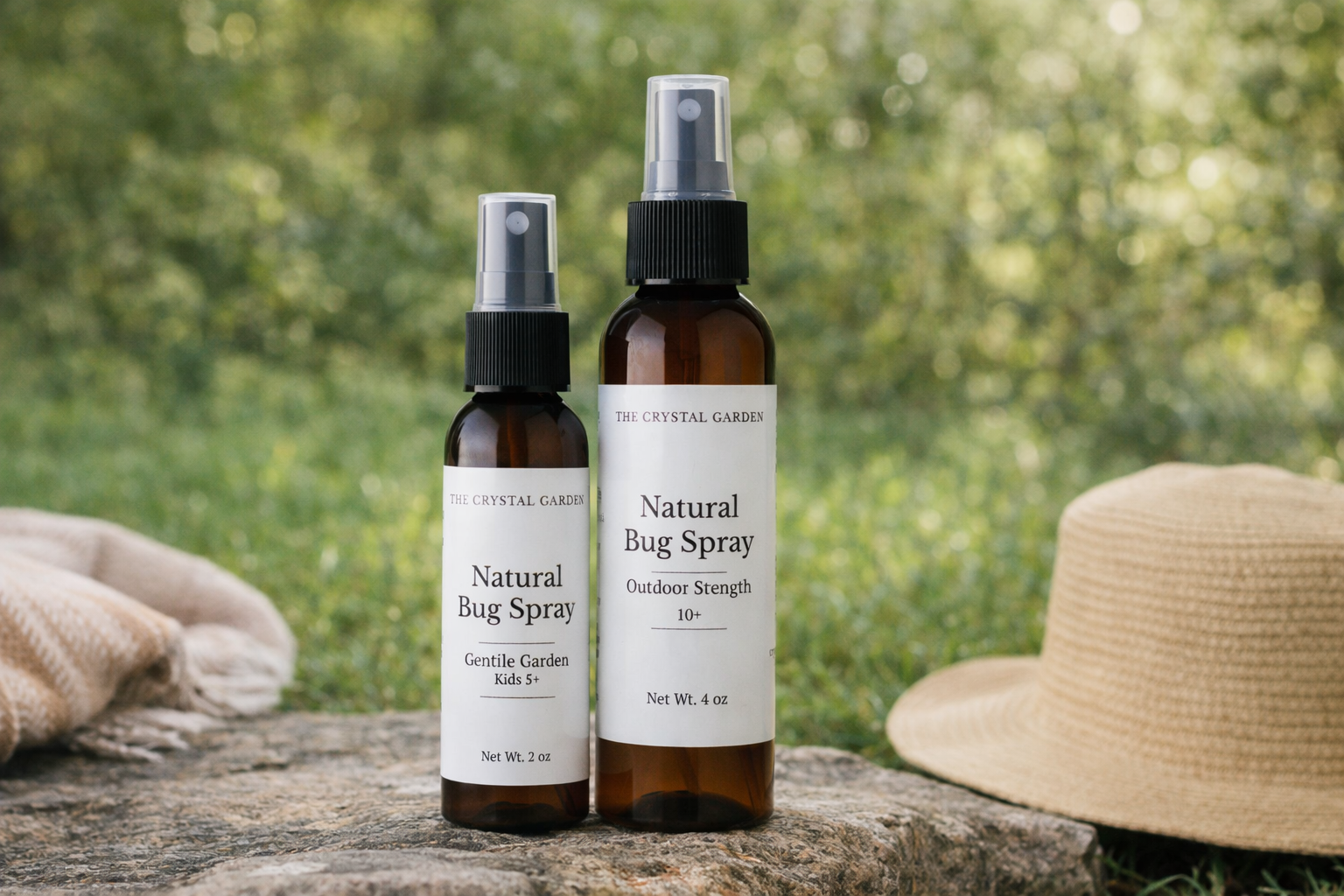 Natural bug spray bottles from The Crystal Garden shown outdoors in a garden setting for plant-based insect protection