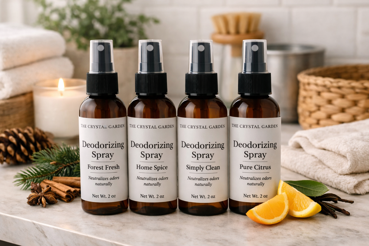 The Crystal Garden deodorizing sprays in Forest Fresh, Home Spice, Simply Clean, and Pure Citrus displayed together on a neutral background for plant-based home care and natural air freshening.