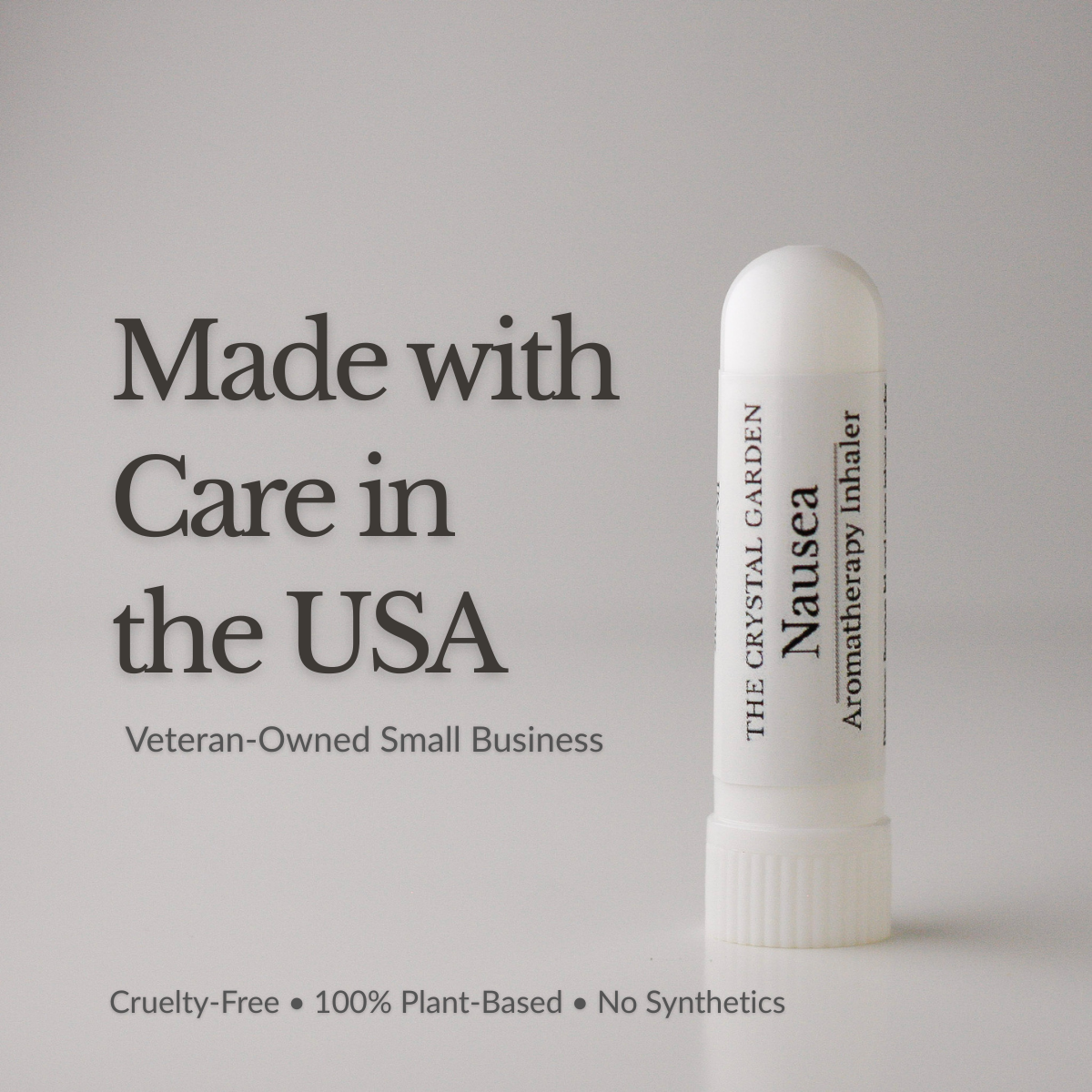 Nausea aromatherapy inhaler from The Crystal Garden with peppermint, ginger, and lavender essential oils. made in USA, veterin onwed small company