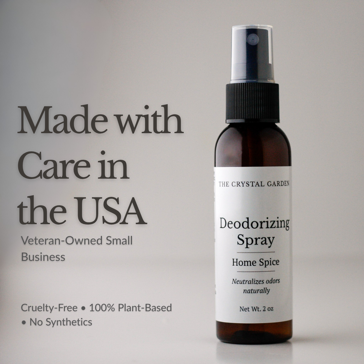 Amber glass Home Spice deodorizing spray styled with warm spices to represent a cozy home fragrance.