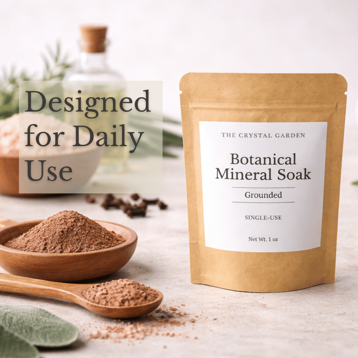 The Crystal Garden Botanical Mineral Soak Grounded single-use pouch with frankincense and cedarwood essential oils.