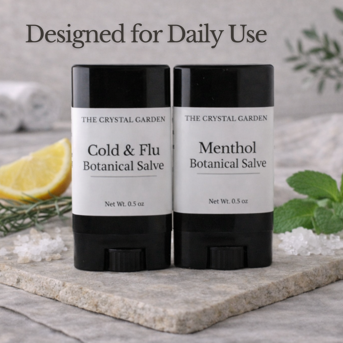 Cold & Flu and Menthol Botanical Salves on linen with botanical elements in a natural, seasonal setting