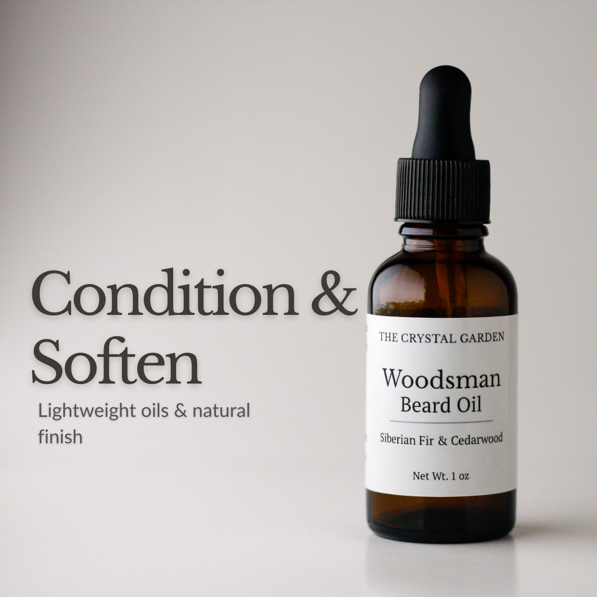 Woodsman beard oil from The Crystal Garden in amber glass bottle with woodsy aroma profile