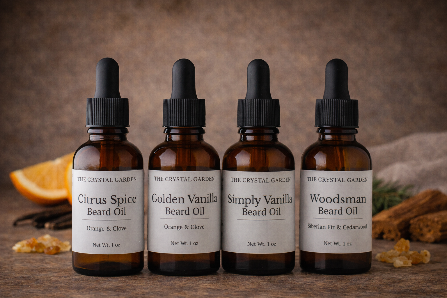 Beard oil collection with four amber glass bottles featuring woodsy, citrus, and warm scent profiles