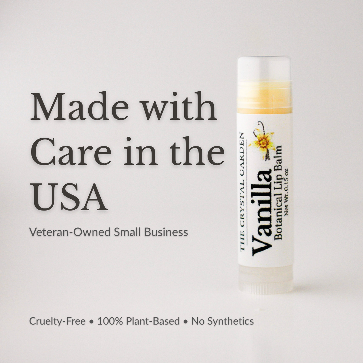 The Crystal Garden Vanilla Botanical Lip Balm in plant-based formula with vanilla-infused jojoba oil