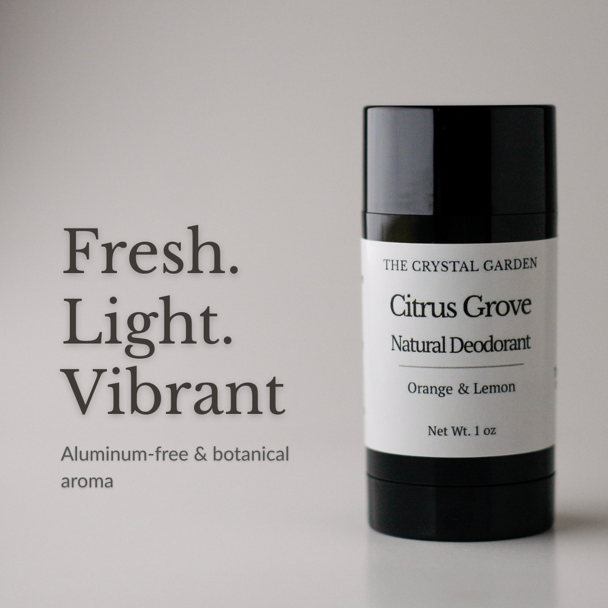 Citrus Grove Natural Deodorant plant-based deodorant with orange, lemon, and lime essential oils in black twist-up tube