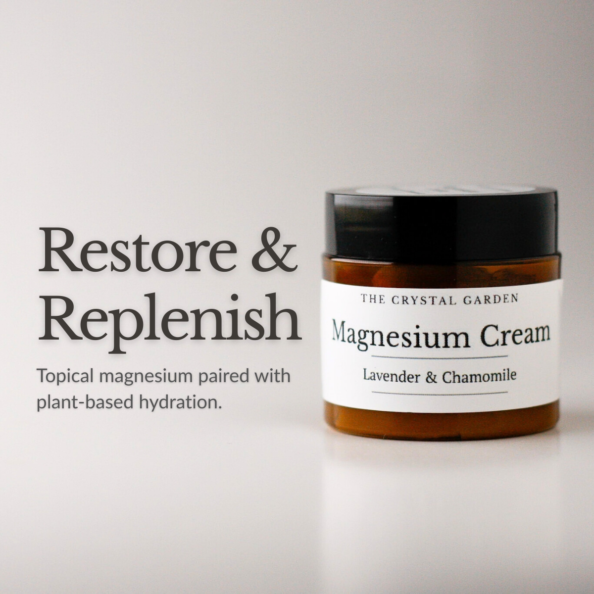 Magnesium Lavender & Chamomile Cream jar positioned to the right for product information overlay
