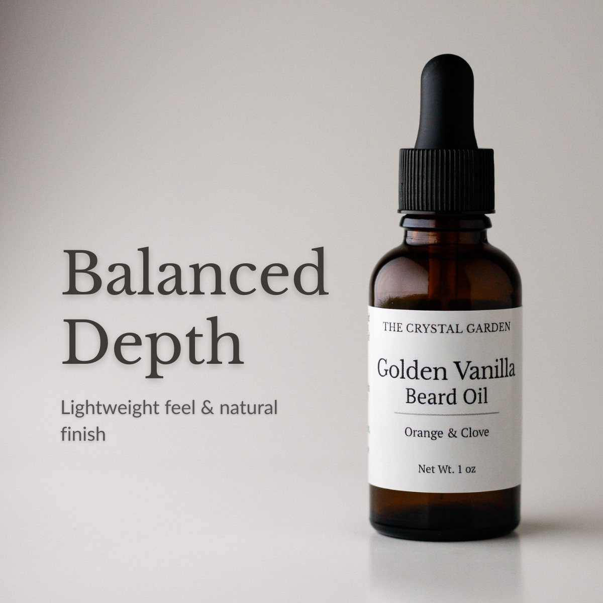 Golden Vanilla beard oil in amber glass dropper bottle with warm vanilla, citrus, and spice blend