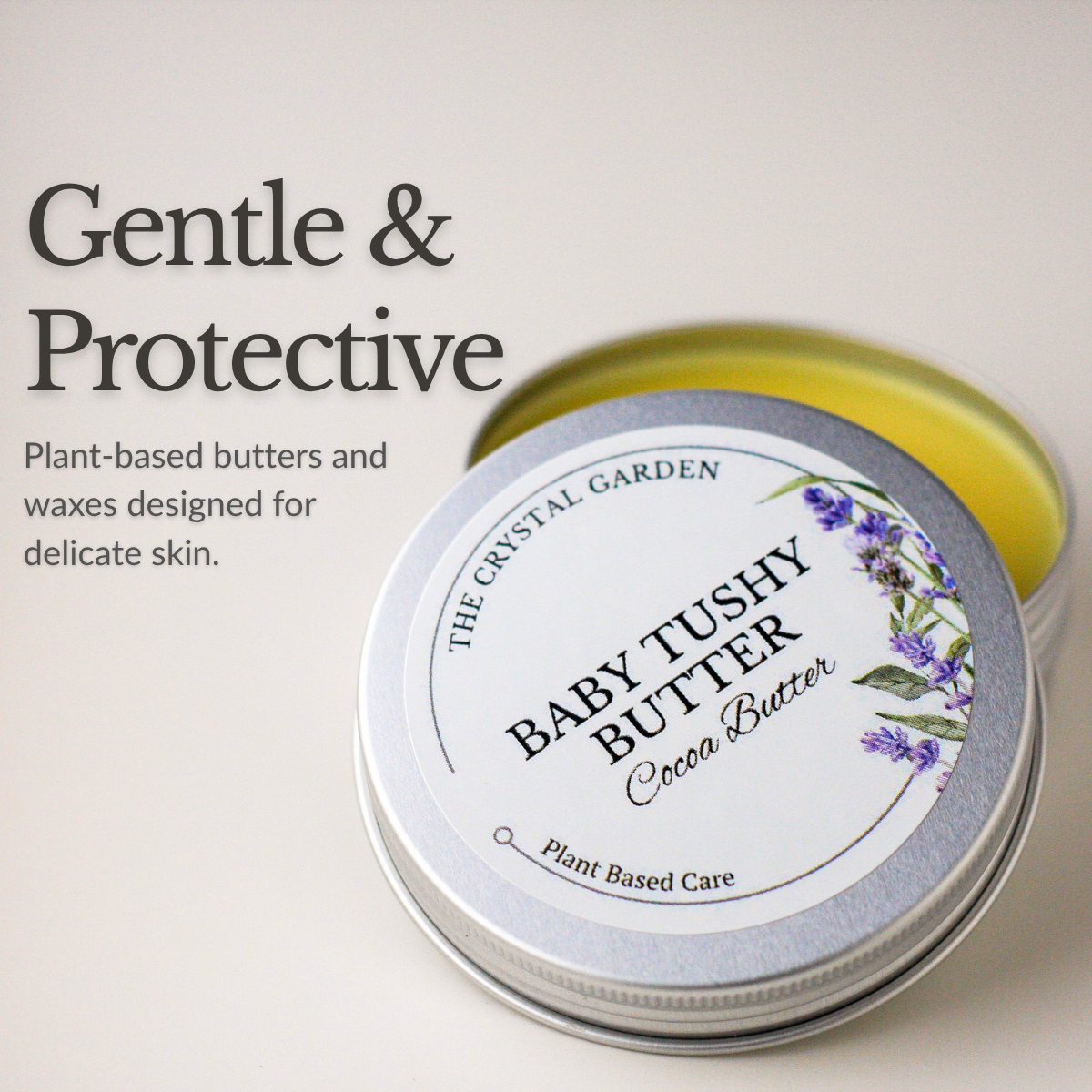 Baby Tushy Butter cocoa butter botanical diaper balm in silver tin plant-based baby care