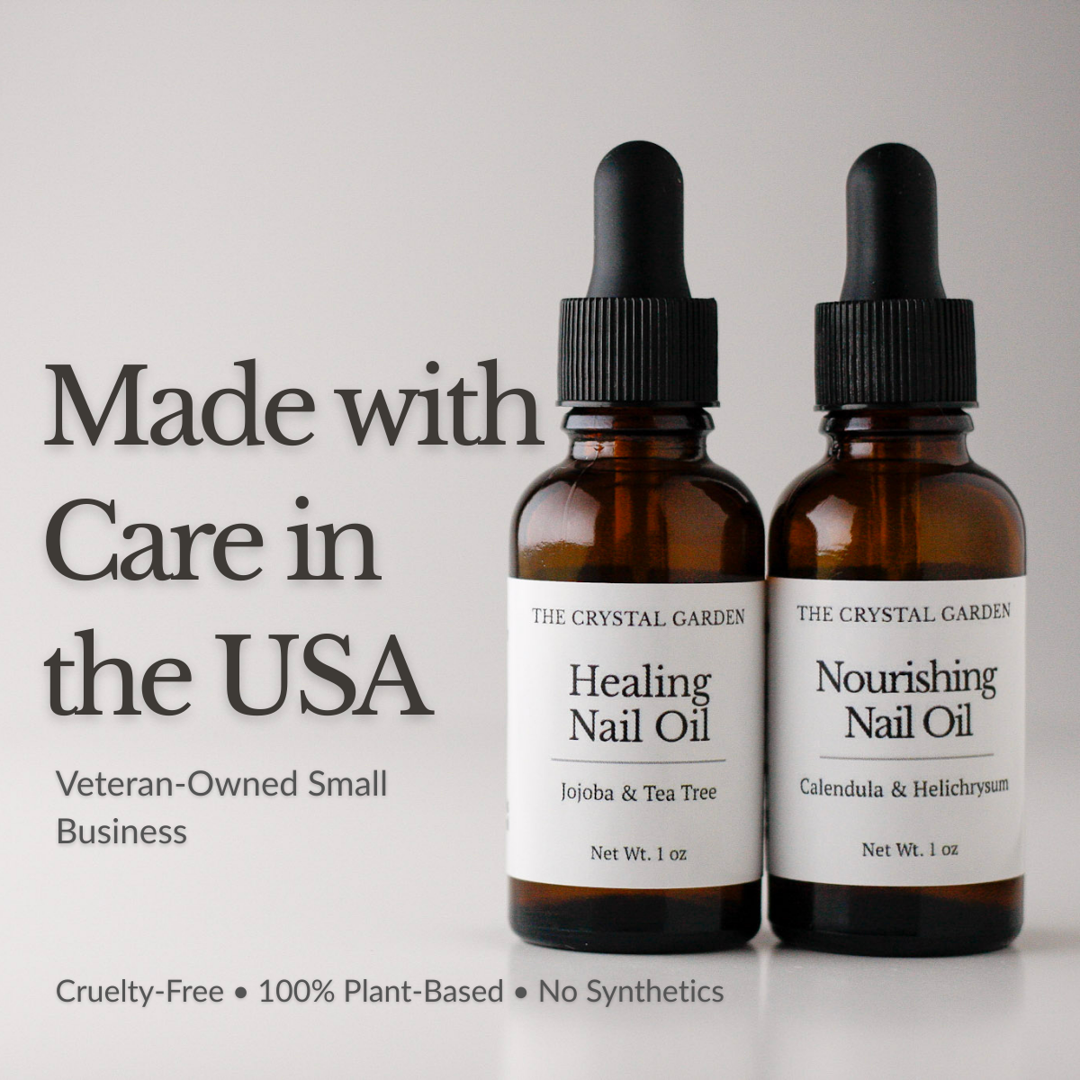 Nail Oil Bundle with Healing Nail Oil and Nourishing Nail Oil in amber glass bottles. Made in USA, veterin owned small business