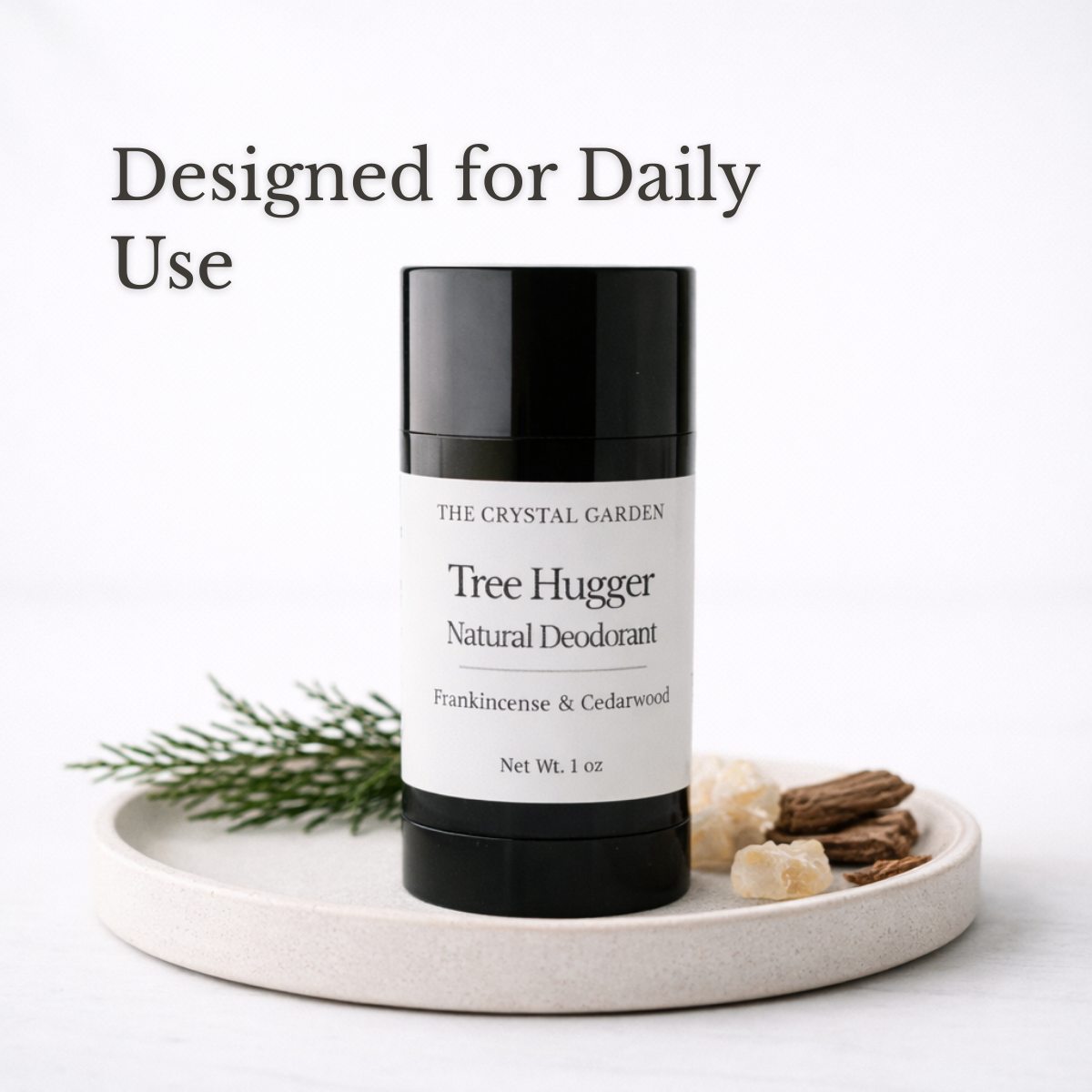 Tree Hugger Natural Deodorant with cedarwood and frankincense in black deodorant tube