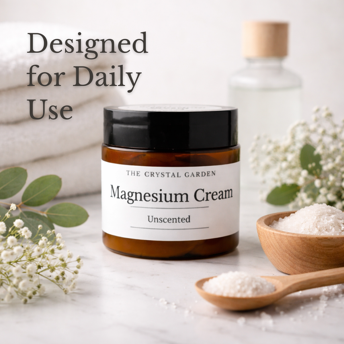 Magnesium Cream Unscented by The Crystal Garden with spa towels and mineral salt