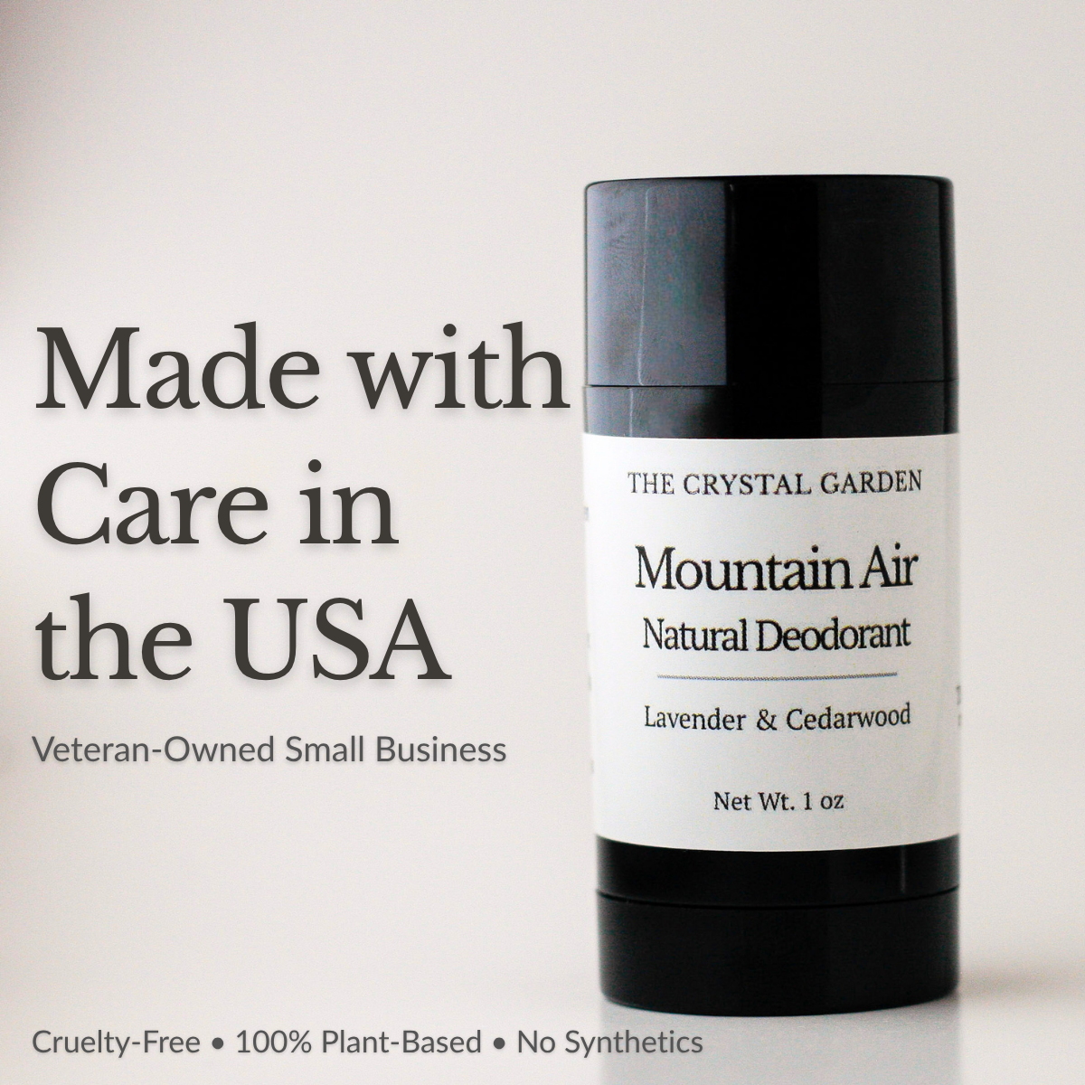 Round black deodorant tube labeld Mountain Air with lavender and cedarwood by The Crystal Garden. Made in USA, a veteran owned small company